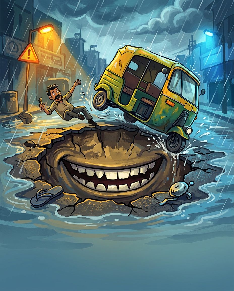 Monsoon Pothole Devours Delhi
